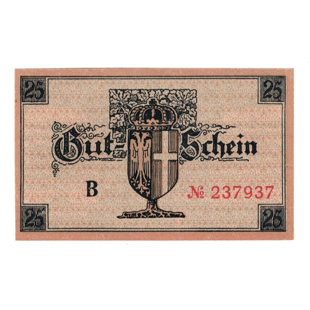 Billet, Allemagne, Neuß Stadt, 25 Heller, Armoiries, 1919, 1919-05-01, SUP