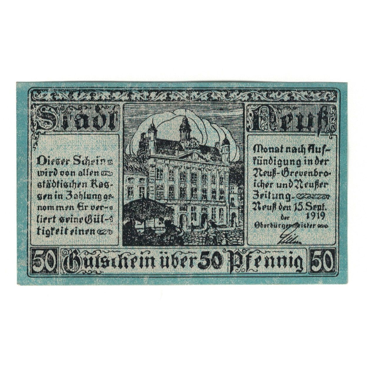 Banknote, Germany, Neuß Stadt, 50 Pfennig, Armoiries, 1919, 1919-05-01