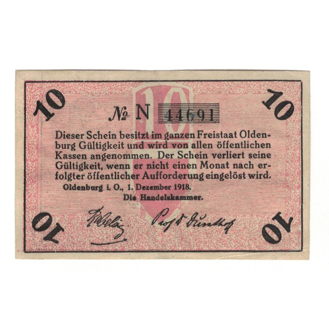 Banknote, Germany, Oldenburg Handelskammer, 10 Pfennig, Texte, 1918, 1918-12-01