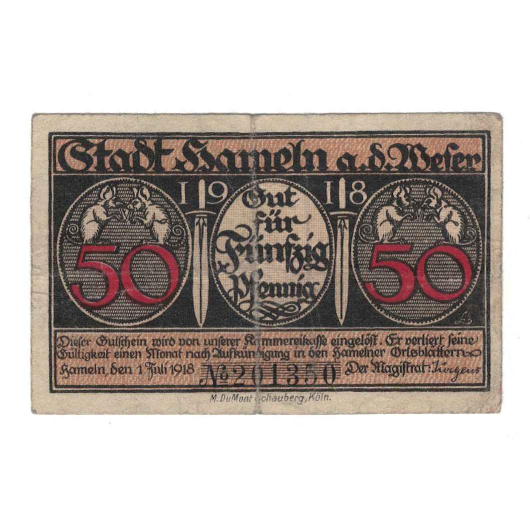 Geldschein, Deutschland, Hameln Stadt, 50 Pfennig, personnage, 1918, 1918-07-01