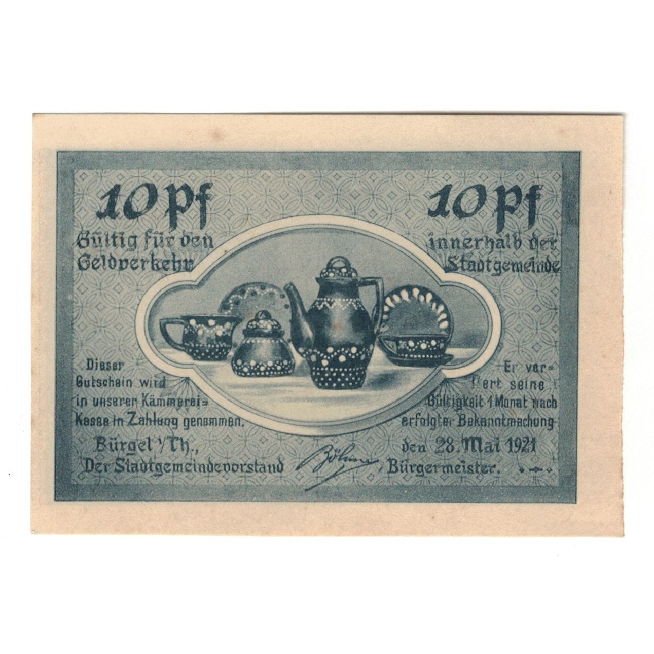 Banknote, Germany, Burgel Stadt, 10 Pfennig, Vaisselle, 1921, 1921-05-28