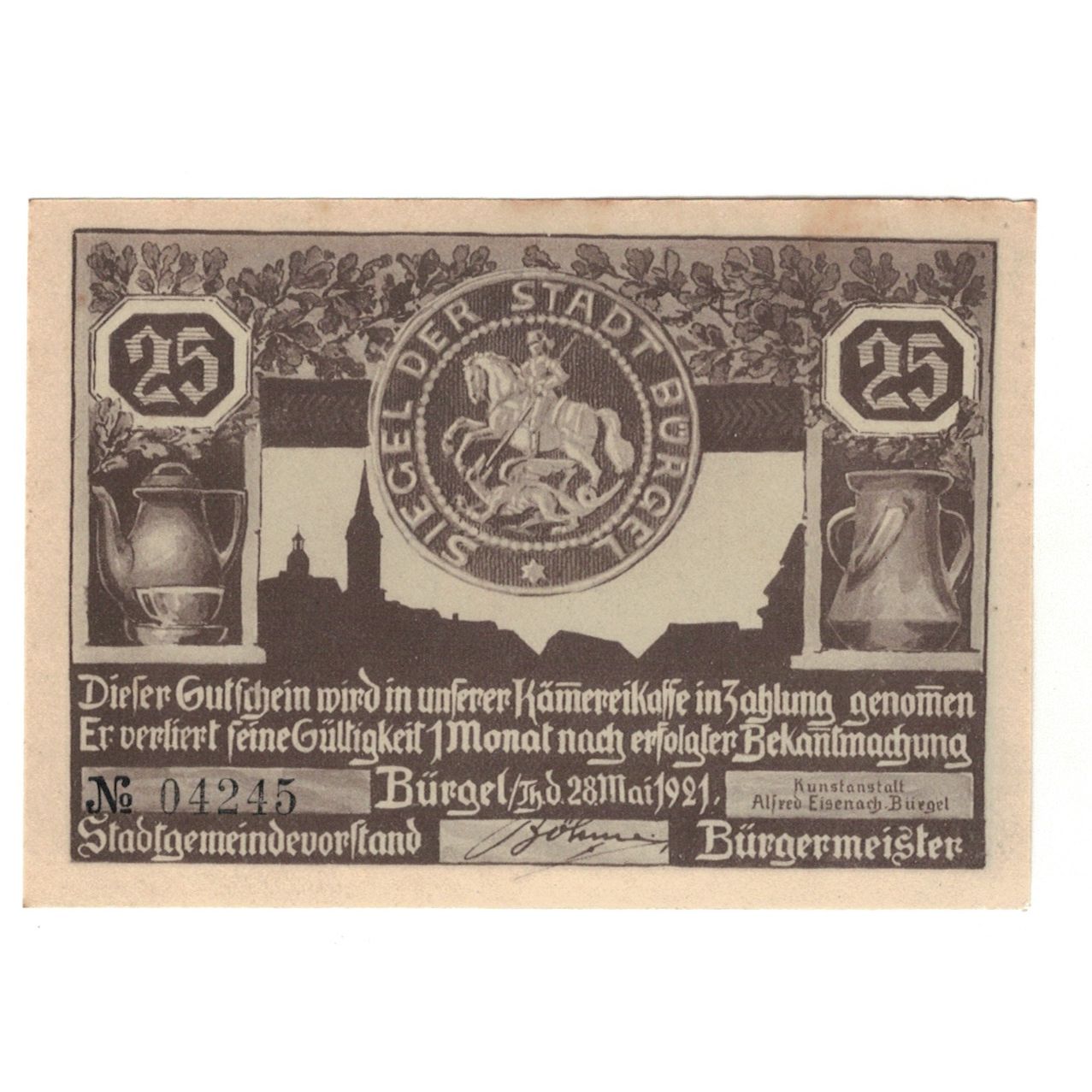 Banconote, Germania, Burgel Stadt, 25 Pfennig, personnage 2, 1921, 1921-05-28