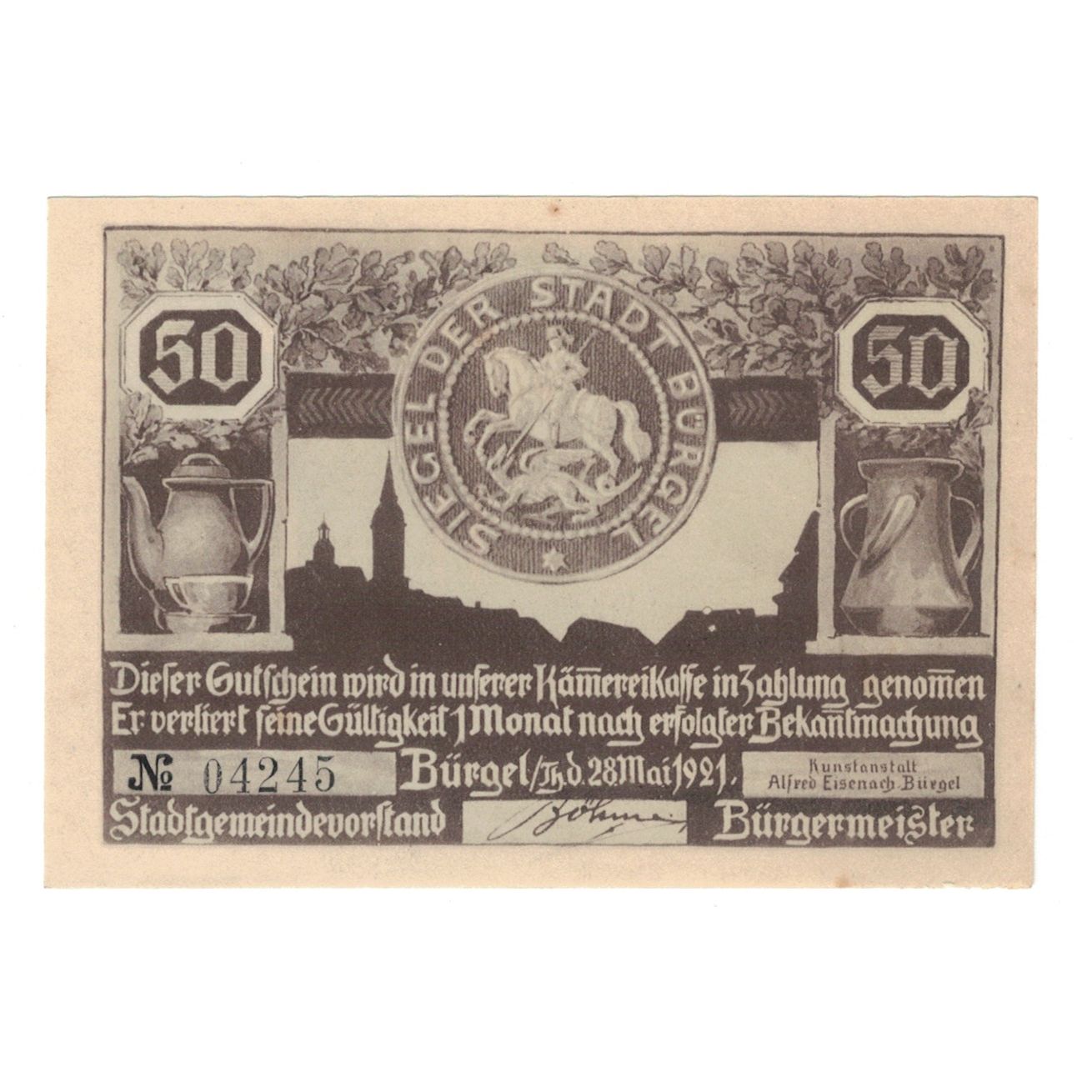 Geldschein, Deutschland, Burgel Stadt, 50 Pfennig, personnage, 1921, 1921-05-28