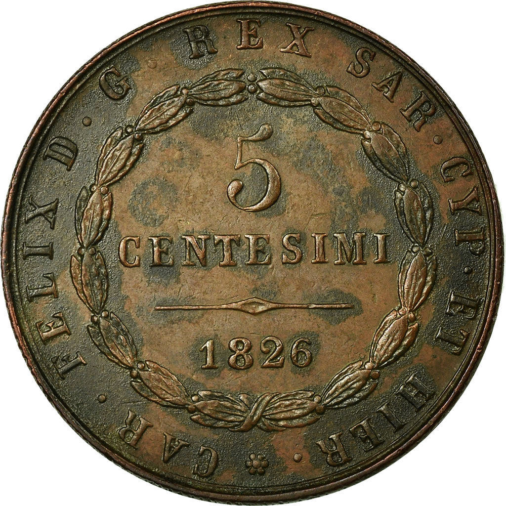 ESTADOS ITALIANOS, SARDINIA, Carlo Felice, 5 Centesimi, 1826, Torino, Cobre