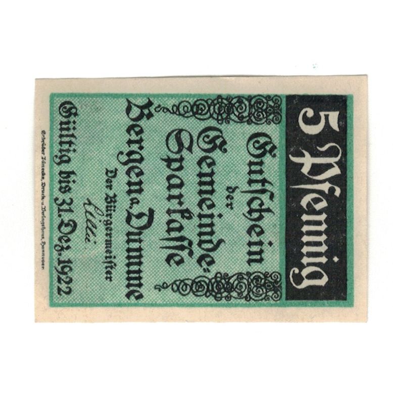 Banknote, Germany, Bergen a.d. Dumme Germeinde, 5 Pfennig, paysage, 1922