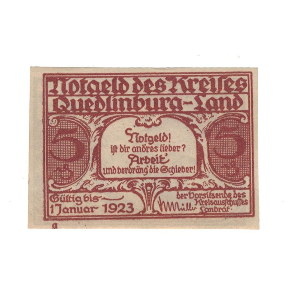 Banconote, Germania, Quedlinburg-Land Kreis, 5 Pfennig, personnage, 1923