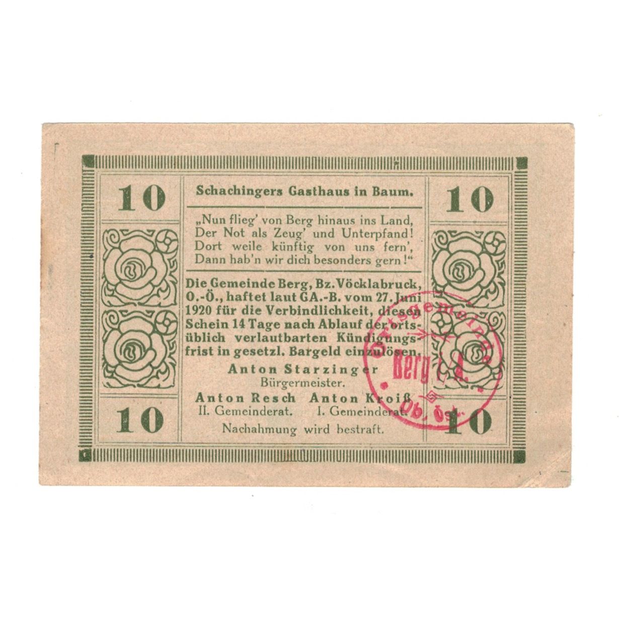 Geldschein, Österreich, Sonnberg O.Ö. Gemeinde, 10 Heller, Texte, 1920