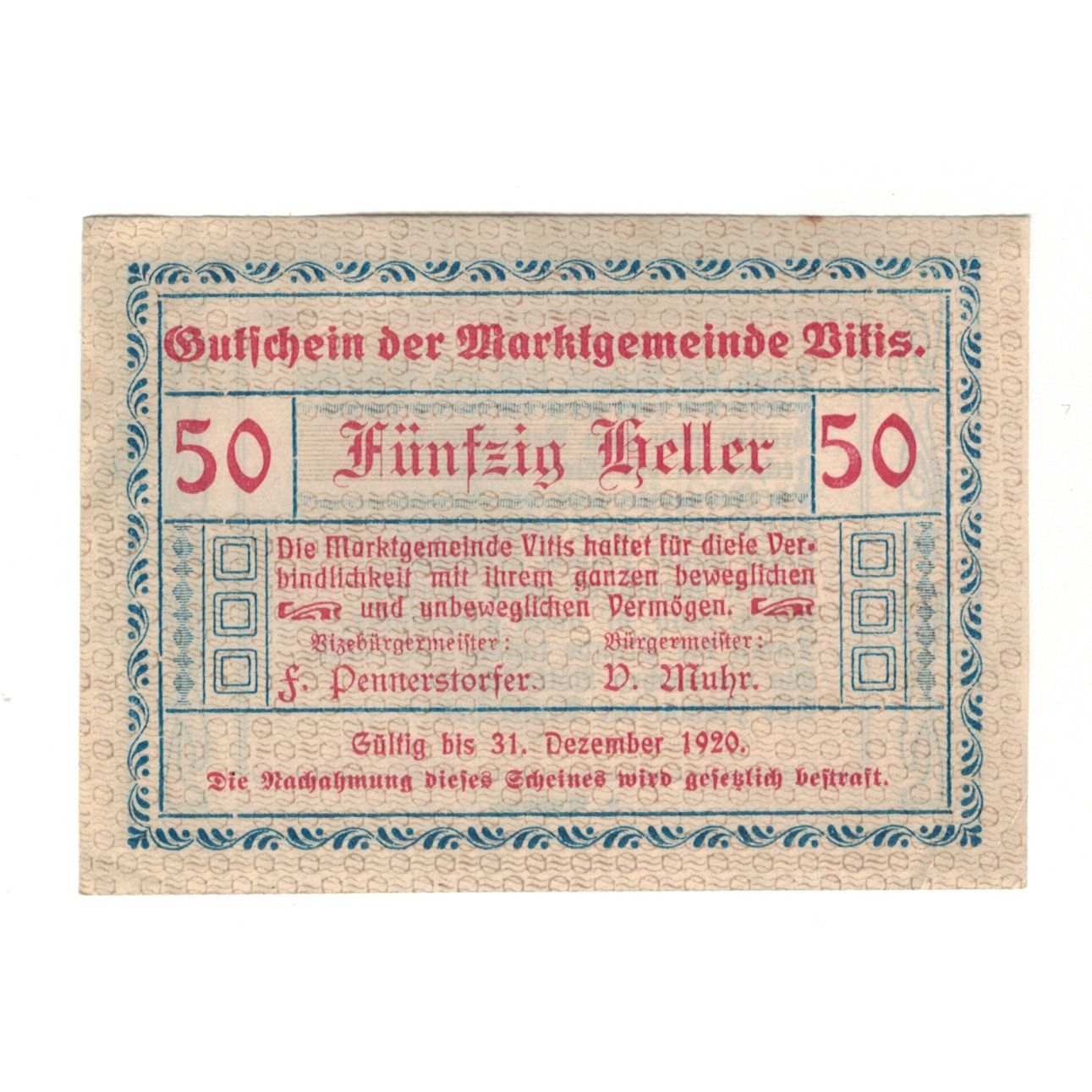 Banknote, Austria, Vitis N.Ö. Marktgemeinde, 50 Heller, Texte, 1920