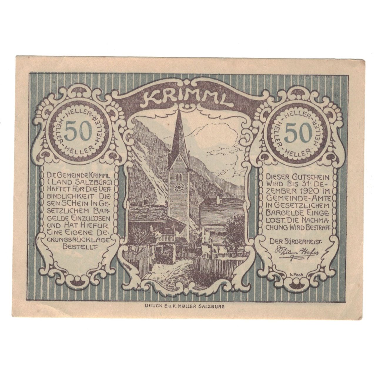 Geldschein, Österreich, Krimml Sbg. Gemeinde, 50 Heller, statue, 1920