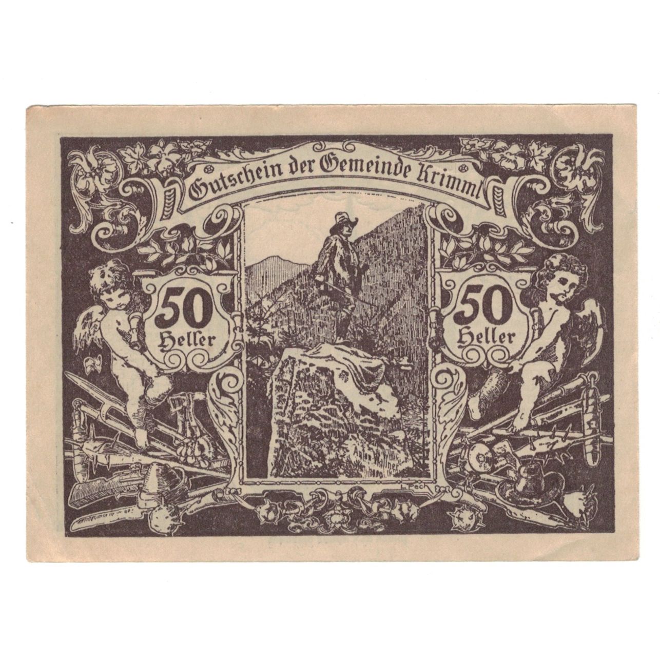 Geldschein, Österreich, Krimml Sbg. Gemeinde, 50 Heller, statue, 1920