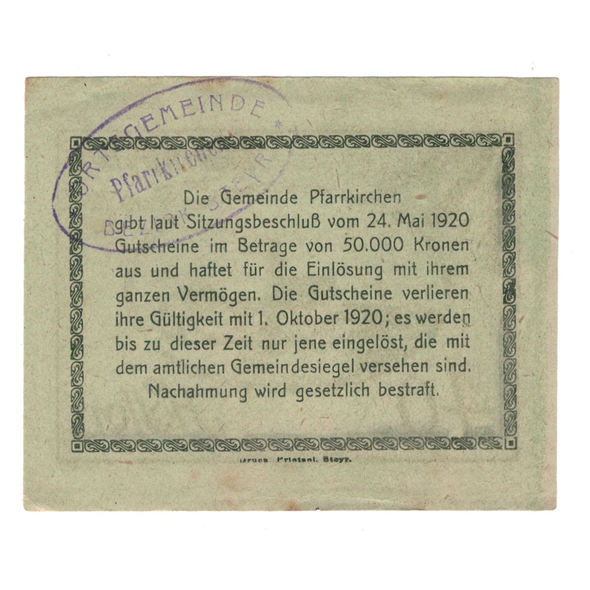 Billete, Austria, Pfarrkirchen bei Bad Hall O.Ö. Gemeinde, 40 Heller, Texte