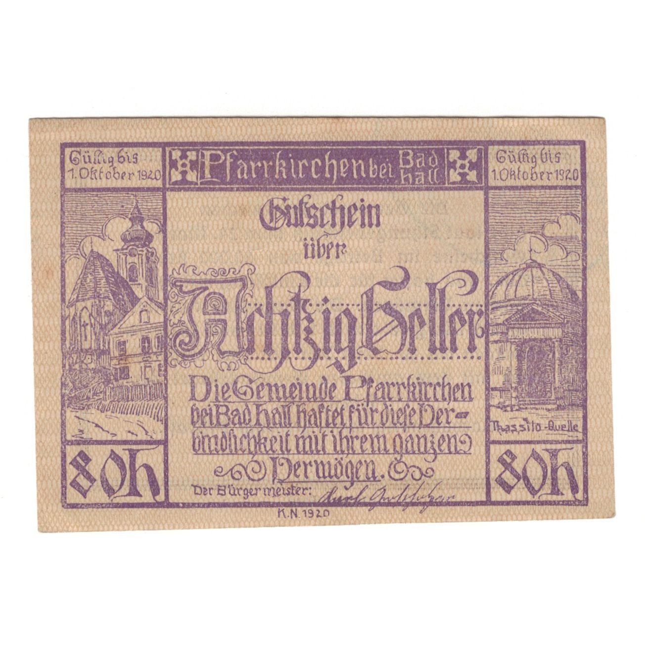 Geldschein, Österreich, Pfarrkirchen bei Bad Hall O.Ö. Gemeinde, 80 Heller