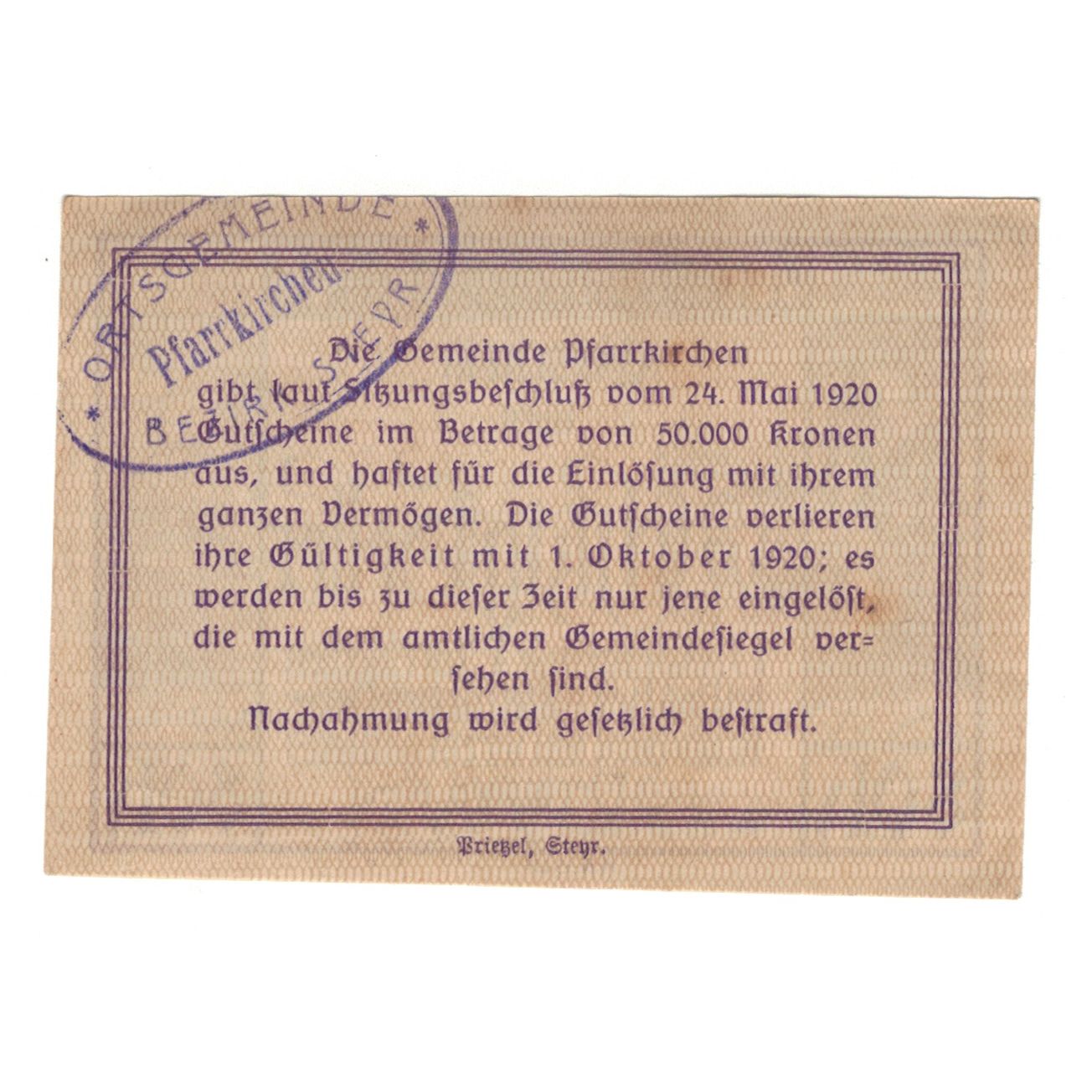Geldschein, Österreich, Pfarrkirchen bei Bad Hall O.Ö. Gemeinde, 80 Heller