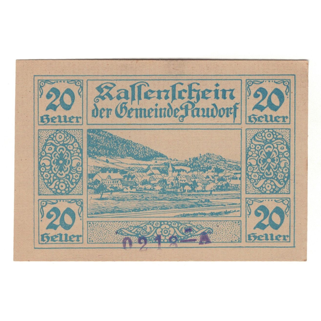 Geldschein, Österreich, Paudorf, Gemeinde, 20 Heller, texte 1, 1920