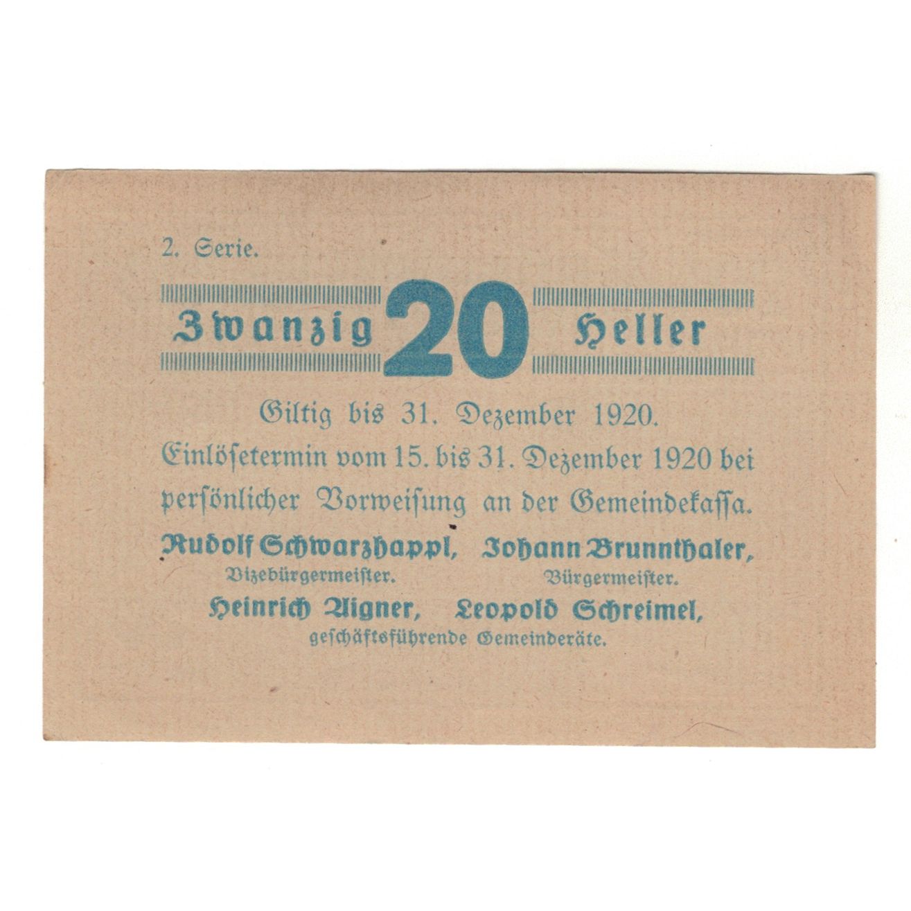 Geldschein, Österreich, Paudorf, Gemeinde, 20 Heller, texte 1, 1920