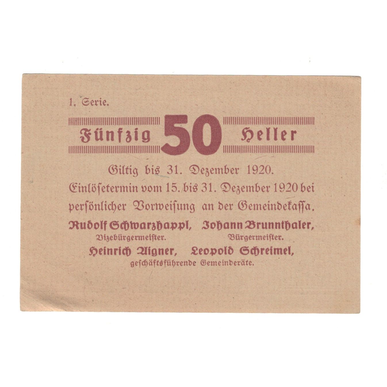Geldschein, Österreich, Paudorf, Gemeinde, 50 Heller, Texte, 1920, 1920-12-31