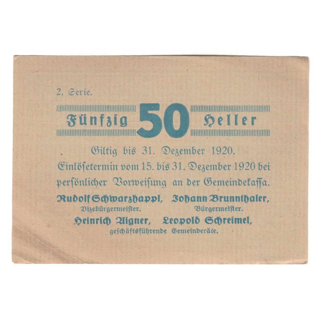 Billet, Autriche, Paudorf, Gemeinde, 50 Heller, texte 1, 1920, 1920-12-31, SUP