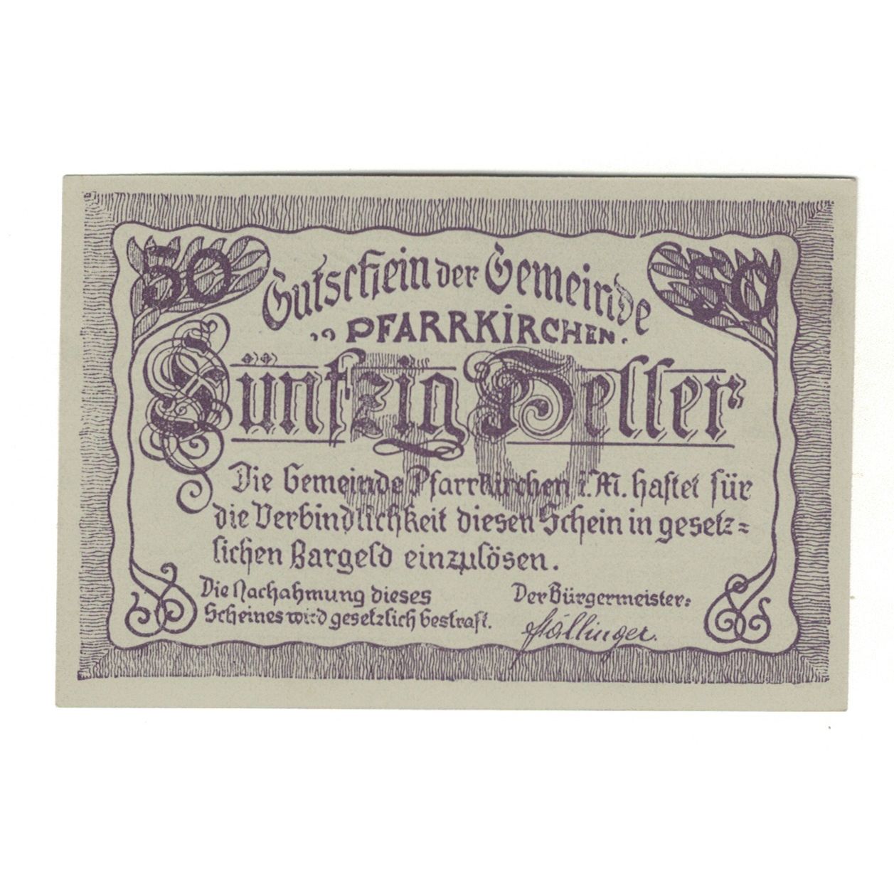 Geldschein, Österreich, Pfarrkirchen im Mühlkreis O.Ö. Gemeinde, 50 Heller
