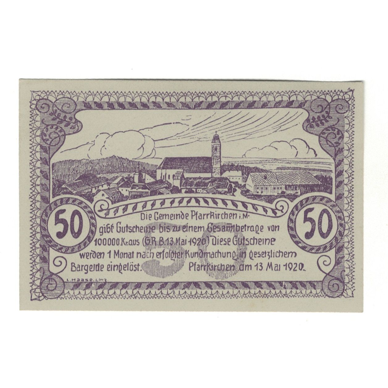 Geldschein, Österreich, Pfarrkirchen im Mühlkreis O.Ö. Gemeinde, 50 Heller