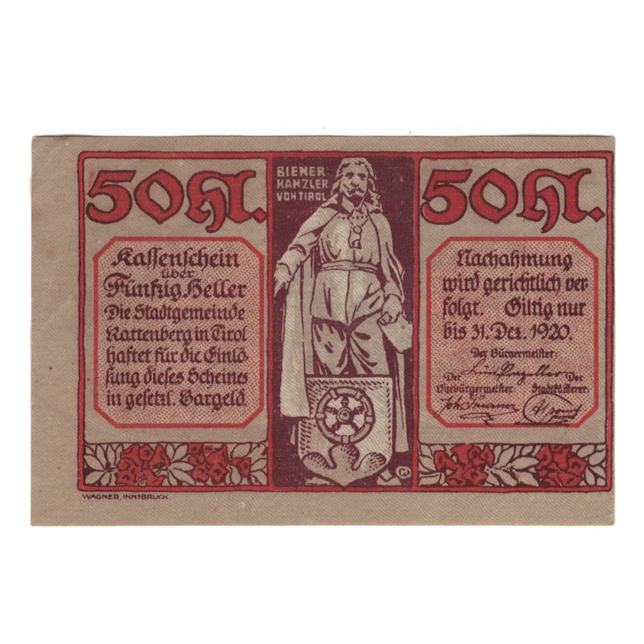 Nota, Áustria, Rattenberg Tirol Stadt, 50 Heller, paysage, 1920, 1920-12-31