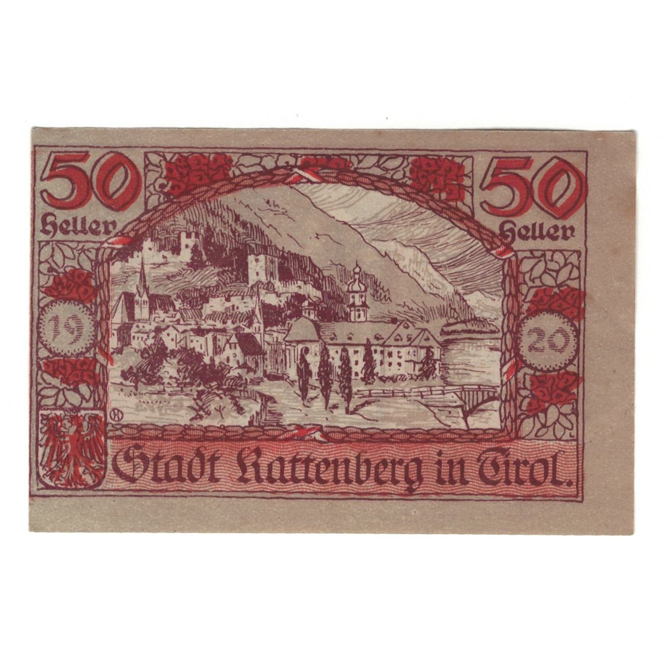 Nota, Áustria, Rattenberg Tirol Stadt, 50 Heller, paysage, 1920, 1920-12-31