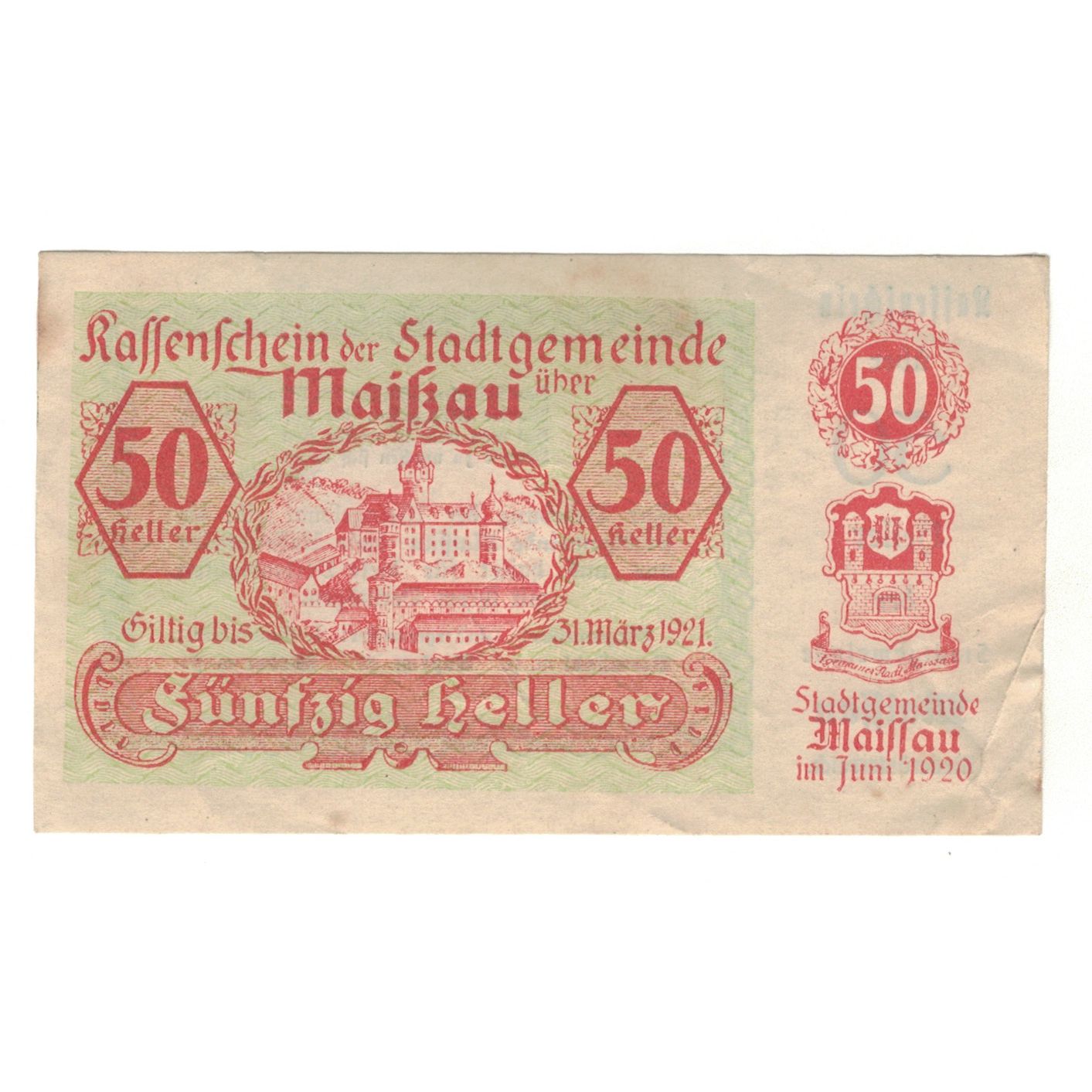 Billet, Autriche, Maissau N.Ö. Stadtgemeinde, 50 Heller, Texte, 1921