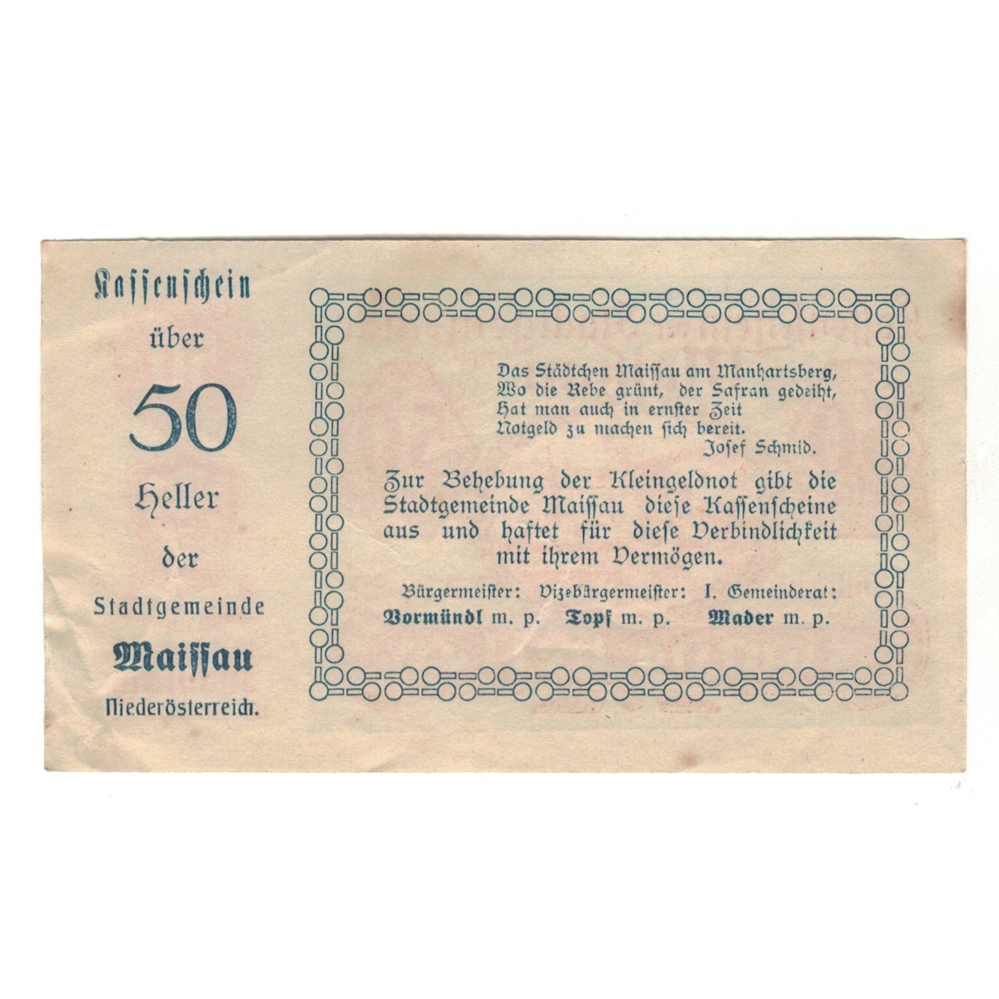 Billet, Autriche, Maissau N.Ö. Stadtgemeinde, 50 Heller, Texte, 1921