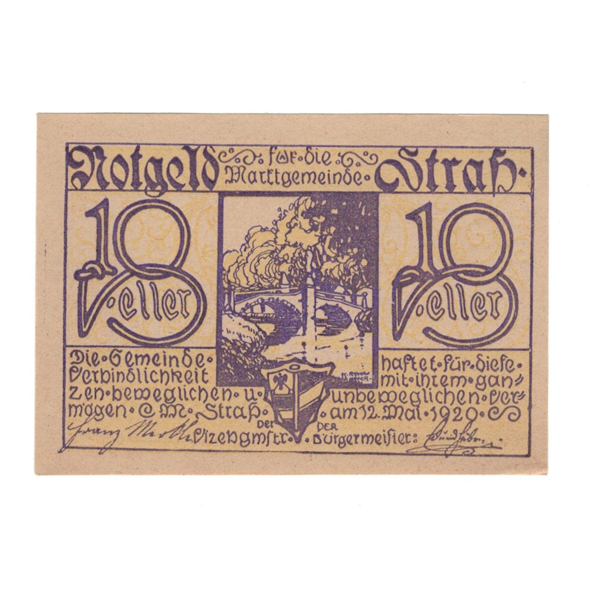 Geldschein, Österreich, Straß N.Ö. Marktgemeinde, 10 Heller, texte 1, 1920