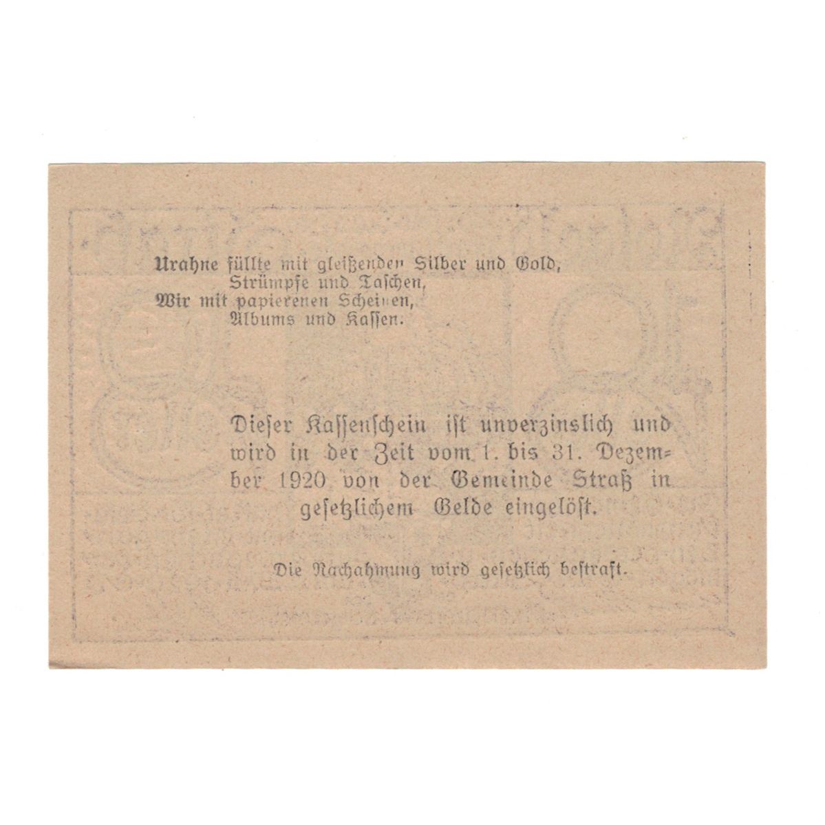 Geldschein, Österreich, Straß N.Ö. Marktgemeinde, 10 Heller, texte 1, 1920