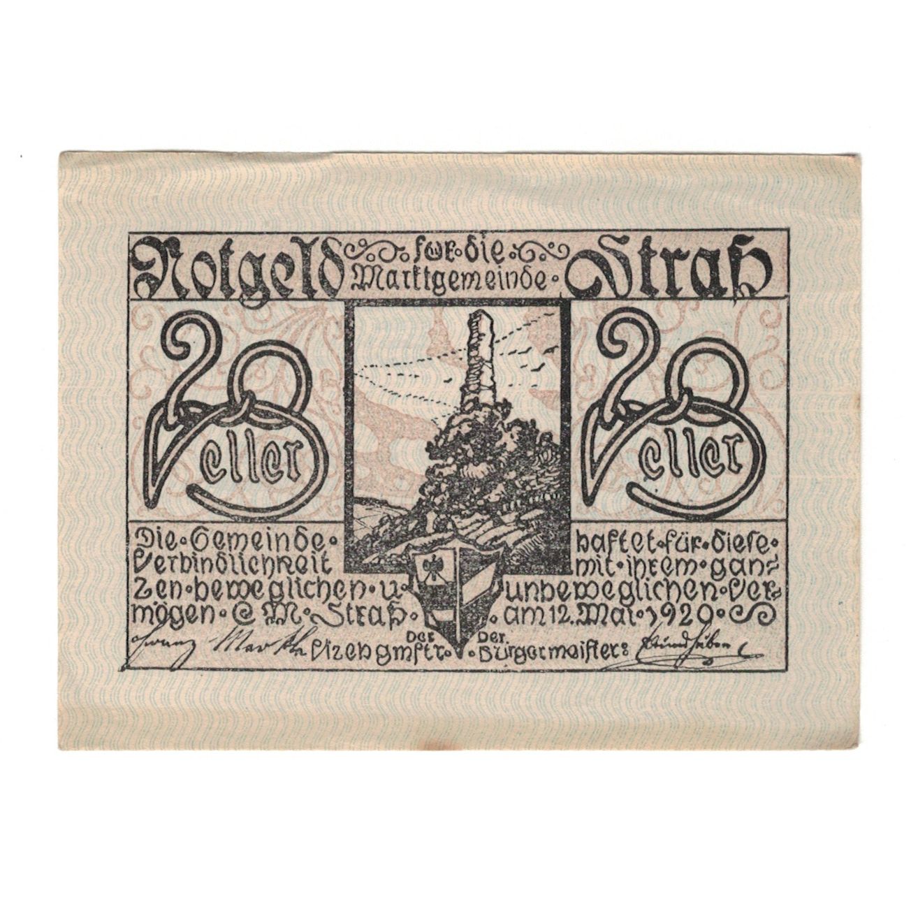 Geldschein, Österreich, Straß N.Ö. Marktgemeinde, 20 Heller, Texte, 1920