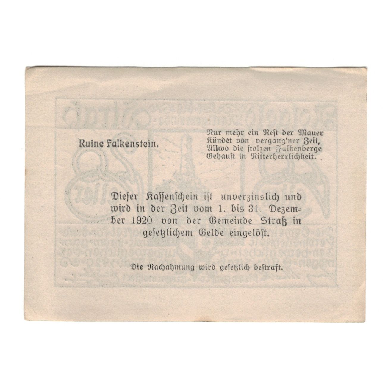 Geldschein, Österreich, Straß N.Ö. Marktgemeinde, 20 Heller, Texte, 1920