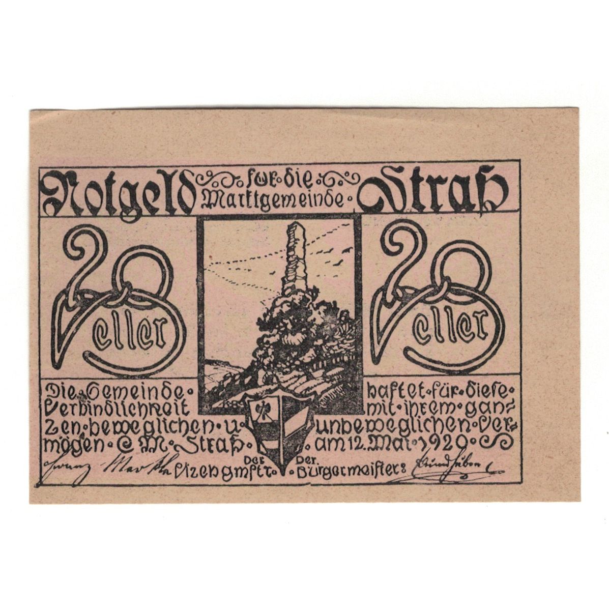 Geldschein, Österreich, Straß N.Ö. Marktgemeinde, 20 Heller, texte 1, 1920