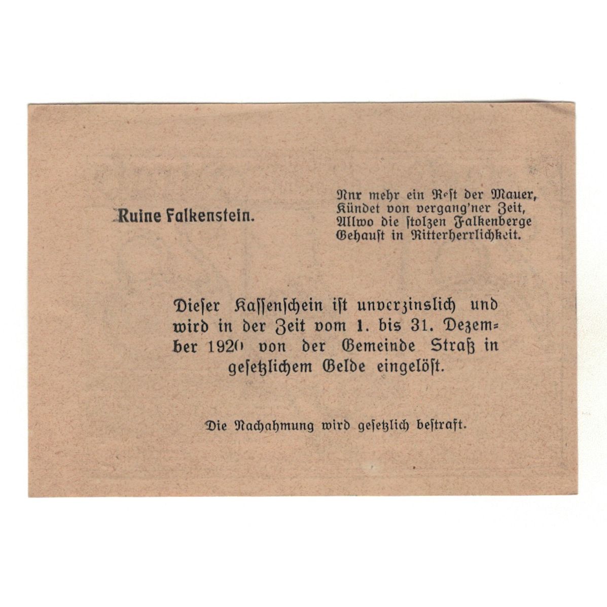 Geldschein, Österreich, Straß N.Ö. Marktgemeinde, 20 Heller, texte 1, 1920