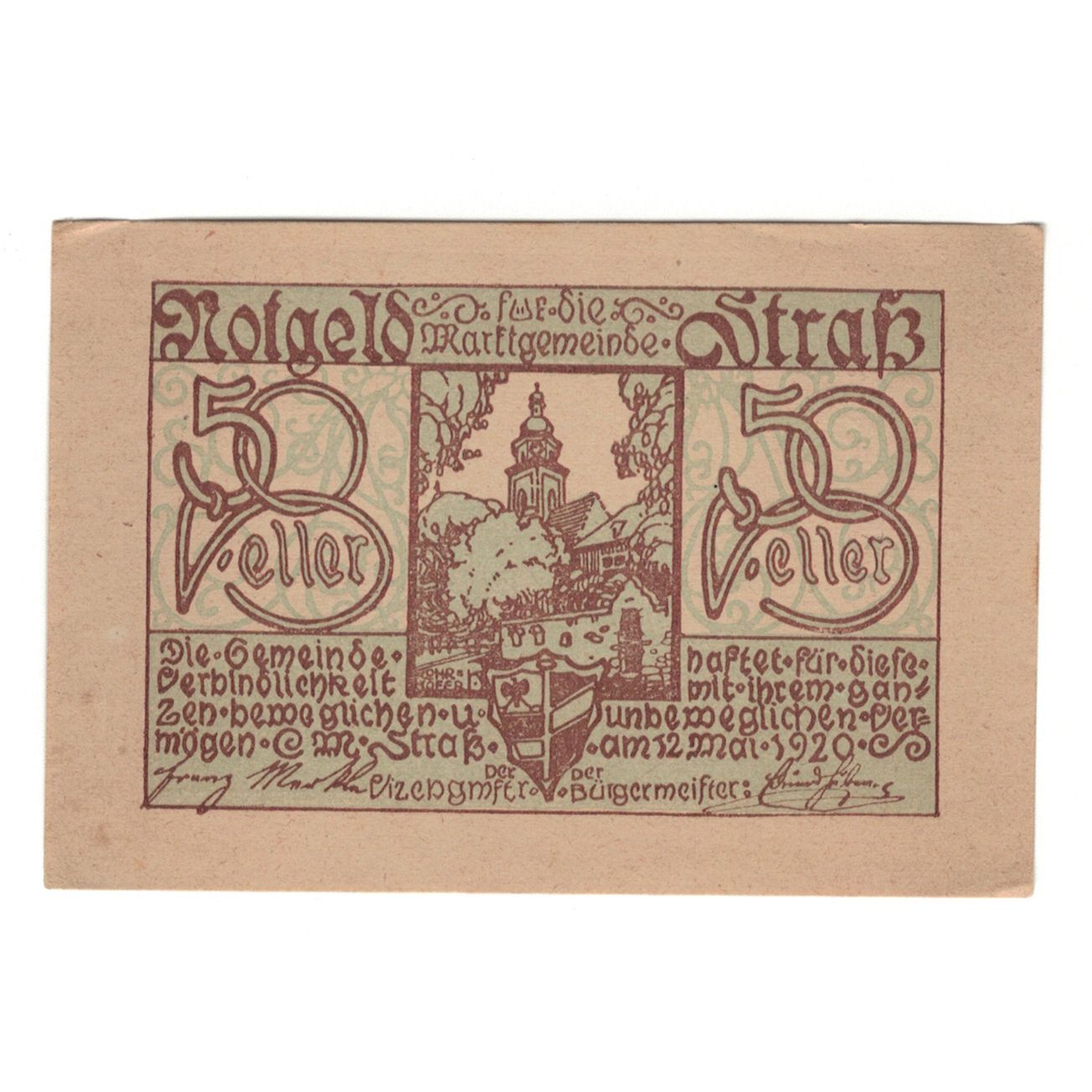 Geldschein, Österreich, Straß N.Ö. Marktgemeinde, 50 Heller, texte 1, 1920