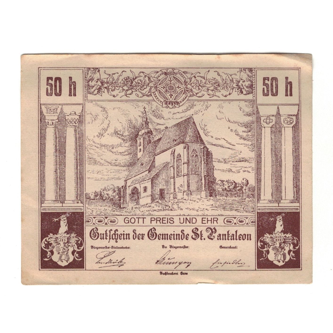 Geldschein, Österreich, St. Pantaleon N.Ö. Gemeinde, 50 Heller, personnage