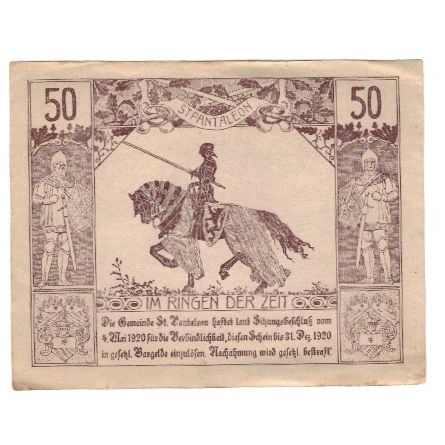 Geldschein, Österreich, St. Pantaleon N.Ö. Gemeinde, 50 Heller, personnage 1