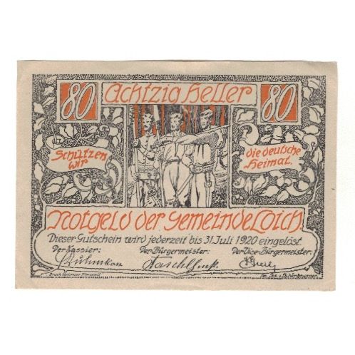 Geldschein, Österreich, Loich N.Ö. Gemeinde, 80 Heller, texte 1, 1920