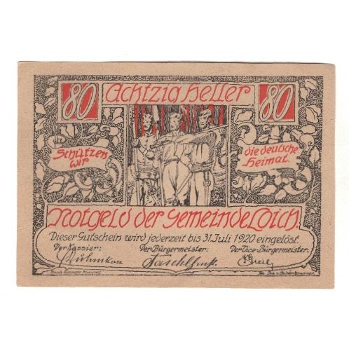 Geldschein, Österreich, Loich N.Ö. Gemeinde, 80 Heller, Texte 4, 1920