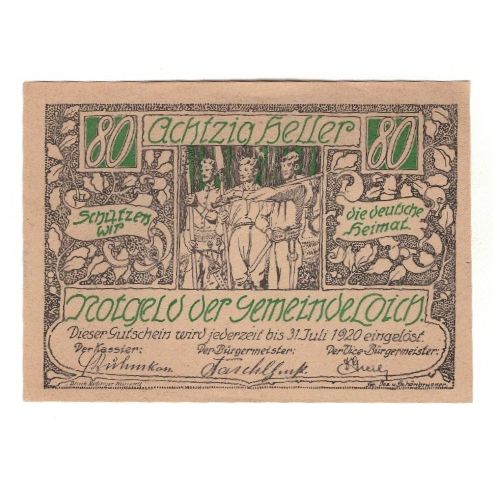 Geldschein, Österreich, Loich N.Ö. Gemeinde, 80 Heller, Texte, 1920