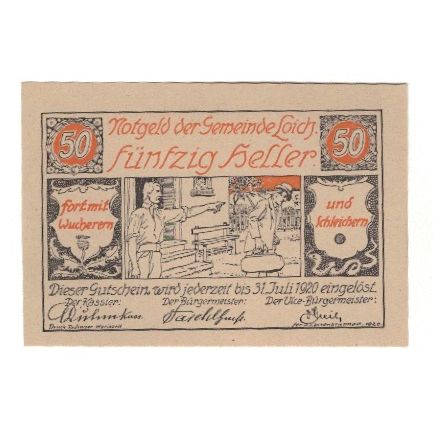 Geldschein, Österreich, Loich N.Ö. Gemeinde, 50 Heller, Texte 4, 1920