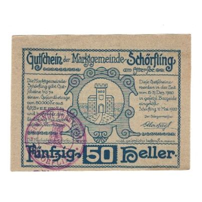 Banknote, Austria, Schörfling am Attersee O.Ö. Marktgemeinde, 50 Heller