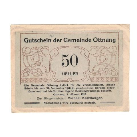 Geldschein, Österreich, Ottnang O.Ö. Gemeinde, 50 Heller, paysage, 1920