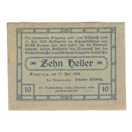 Banknote, Austria, Öpping O.Ö. Gemeinde, 10 Heller, Texte, 1920, 1920-07-11