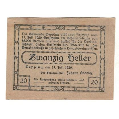 Geldschein, Österreich, Öpping O.Ö. Gemeinde, 20 Heller, Texte, 1920