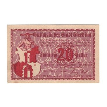 Geldschein, Österreich, Eferding O.Ö. Stadtgemeinde, 20 Heller, paysage, 1919