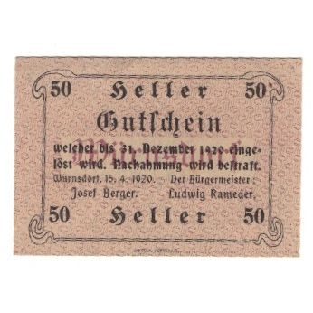 Banknote, Austria, Würnsdorf, 50 Heller, N.D, 1920, 1920-04-15, AU(55-58)