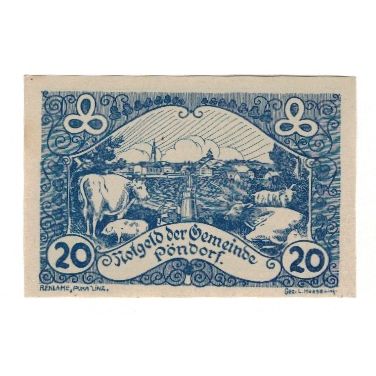 Billet, Autriche, Pöndorf O.Ö. Gemeinde, 20 Heller, texte 1, 1920, 1920-06-13