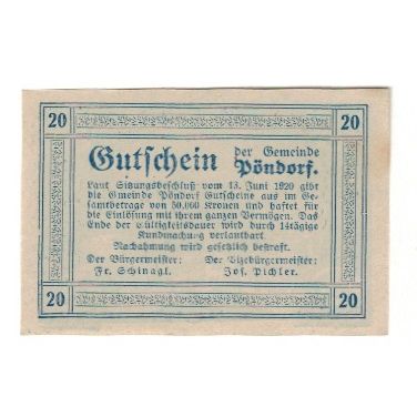 Billet, Autriche, Pöndorf O.Ö. Gemeinde, 20 Heller, texte 1, 1920, 1920-06-13