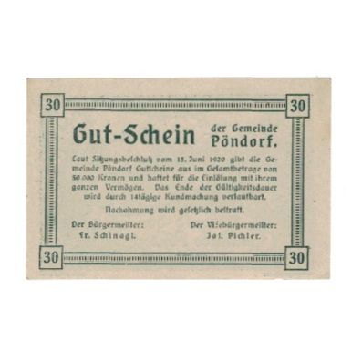 Geldschein, Österreich, Pöndorf O.Ö. Gemeinde, 30 Heller, Texte 2, 1920