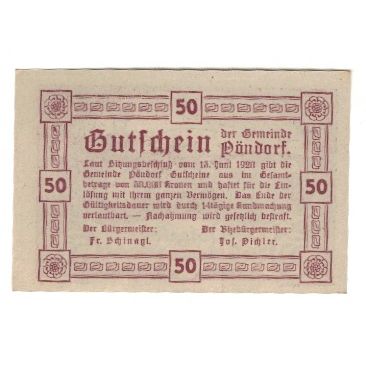 Geldschein, Österreich, Pöndorf O.Ö. Gemeinde, 50 Heller, Texte, 1920
